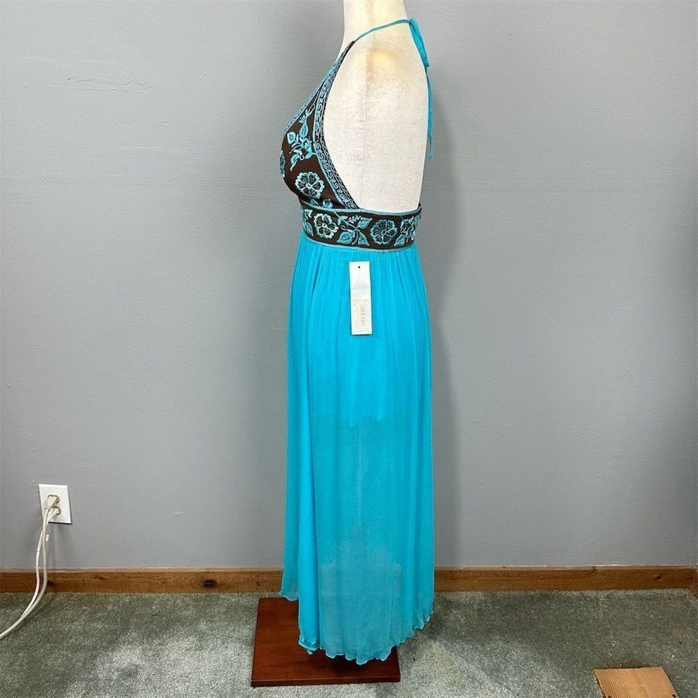Jovani Dolce Embroidered Maxi Dress Blue‎ Size 10 Silk Halter Plunge V Backless - Picture 6 of 16
